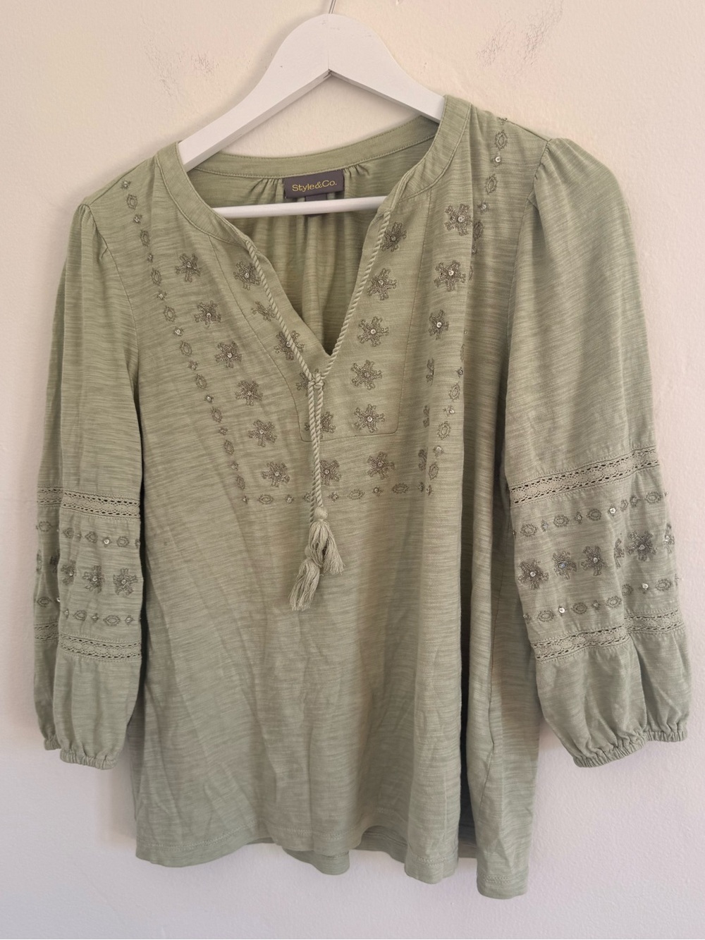 Style & Co. Light Sage Green Embroidered Peasant Tunic